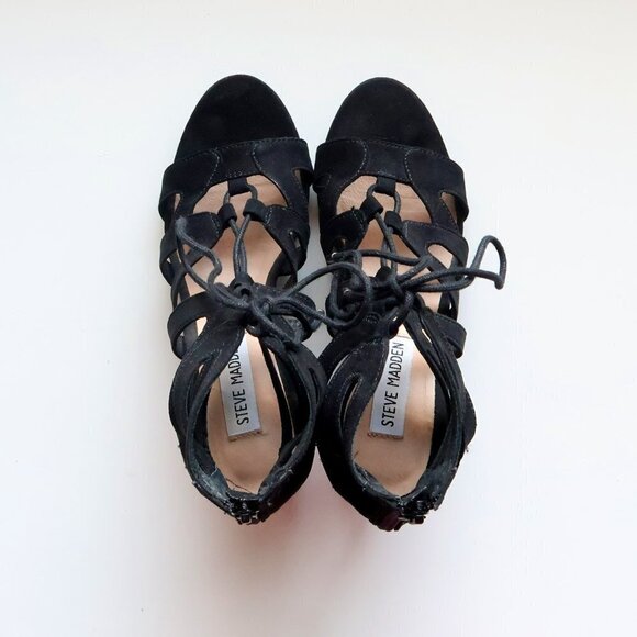 Steve Madden Black Suede Open Toe Lace Up Cut Out Block Heel Bootie Shoes Size 7 - Picture 3 of 14